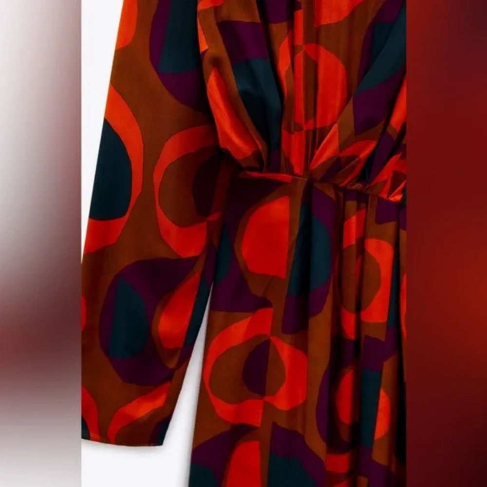 ZARA PRINT MIDI DRESS HIGH COLLAR SELF TIE - Picture 3 of 7